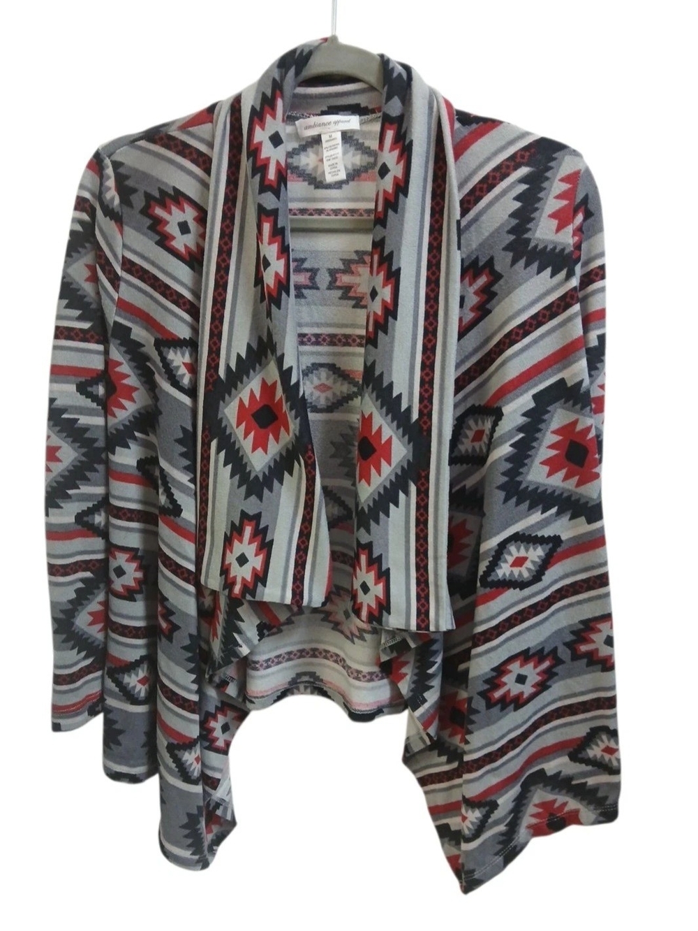Ambiance Apparel Tribal Aztec Draped Open-Front Cardigan - Gray & Red